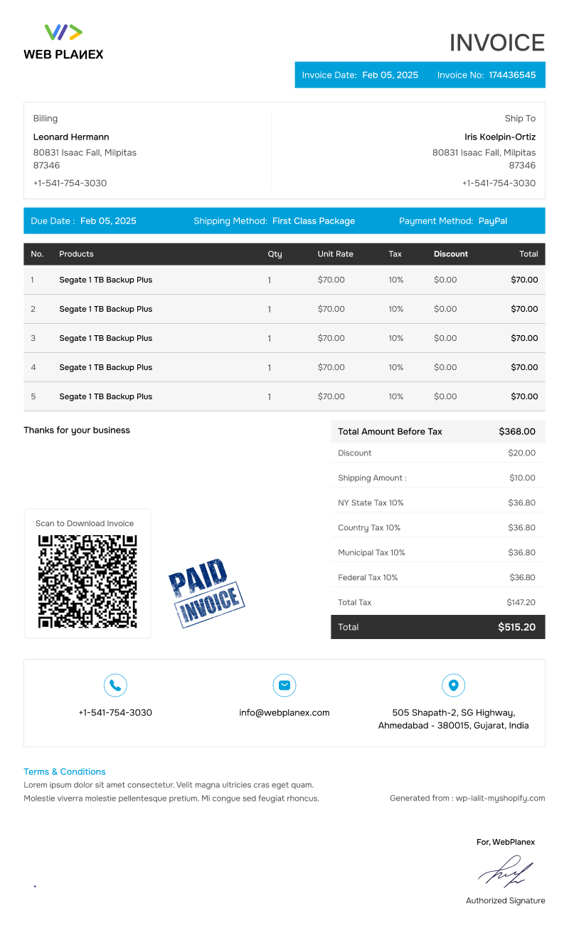 Sales template for invoices