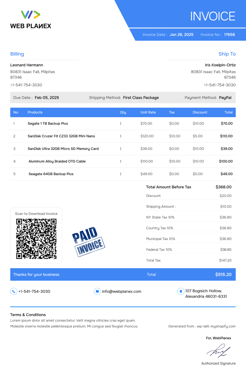 Professional template for invoices